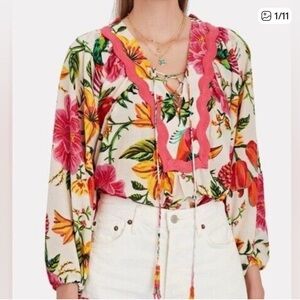 FARM Rio Floral Toucan Garden Blouse with Pink and Yellow Accents Size M